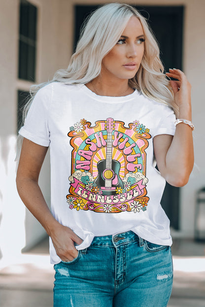 Weißes Country-Musik-T-Shirt mit NASHIVILLE-Gitarrengrafik