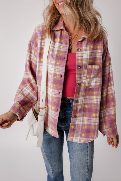 Rosa, langärmlige Hemdjacke mit Brusttasche und Karomuster