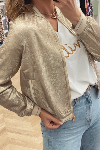 Hellkhakifarbene Baseballjacke mit Reißverschluss in Metallic-Optik