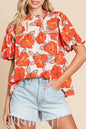 Orangefarbene Bluse mit Blumenmuster, Puffärmeln und Rüschenkragen
