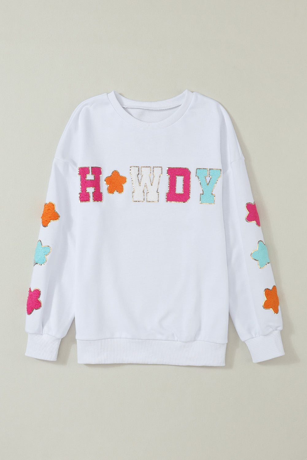 White Howdy Glitter Chenille Patch Graphic Casual Sweatshirt