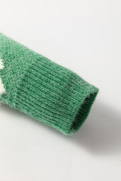 Grüner Pullover mit Blumenmuster und halblangem Reißverschluss sowie überschnittenen Schultern