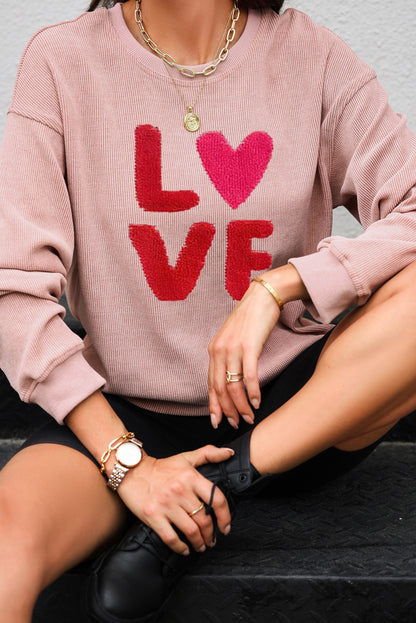 Rosa Sweatshirt mit Chenille-Stickerei und Kordel „Valentine LOVE“