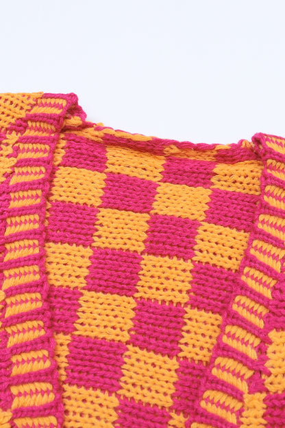 Mehrfarbige Strickjacke mit offenem Vorderteil und gemischtem Karomuster