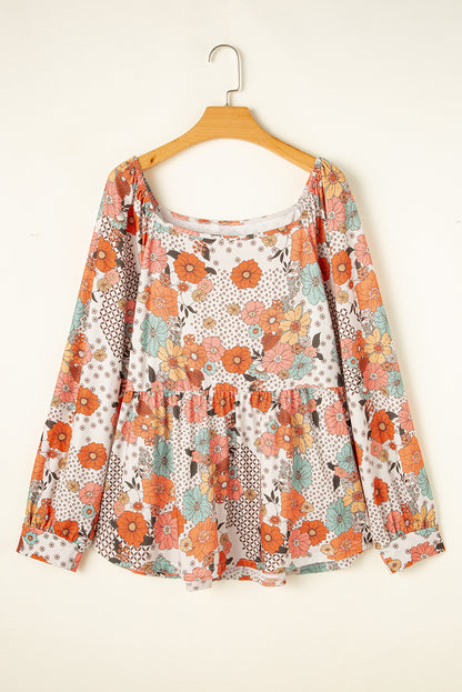Khakifarbene Bluse mit Schößchen und Blumenmuster in Übergröße mit quadratischem Ausschnitt