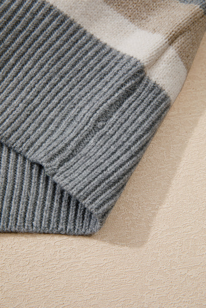Grau gestreifter Pullover mit Farbblock und geripptem Rand und Rundhalsausschnitt