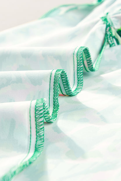 Green Pastel/Floral/Abstract Print Ruffled Trim Tied Split Neck Tank Top