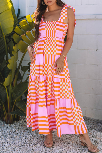 Pink Boho Gingham Tied Straps Smocked Maxi Dress