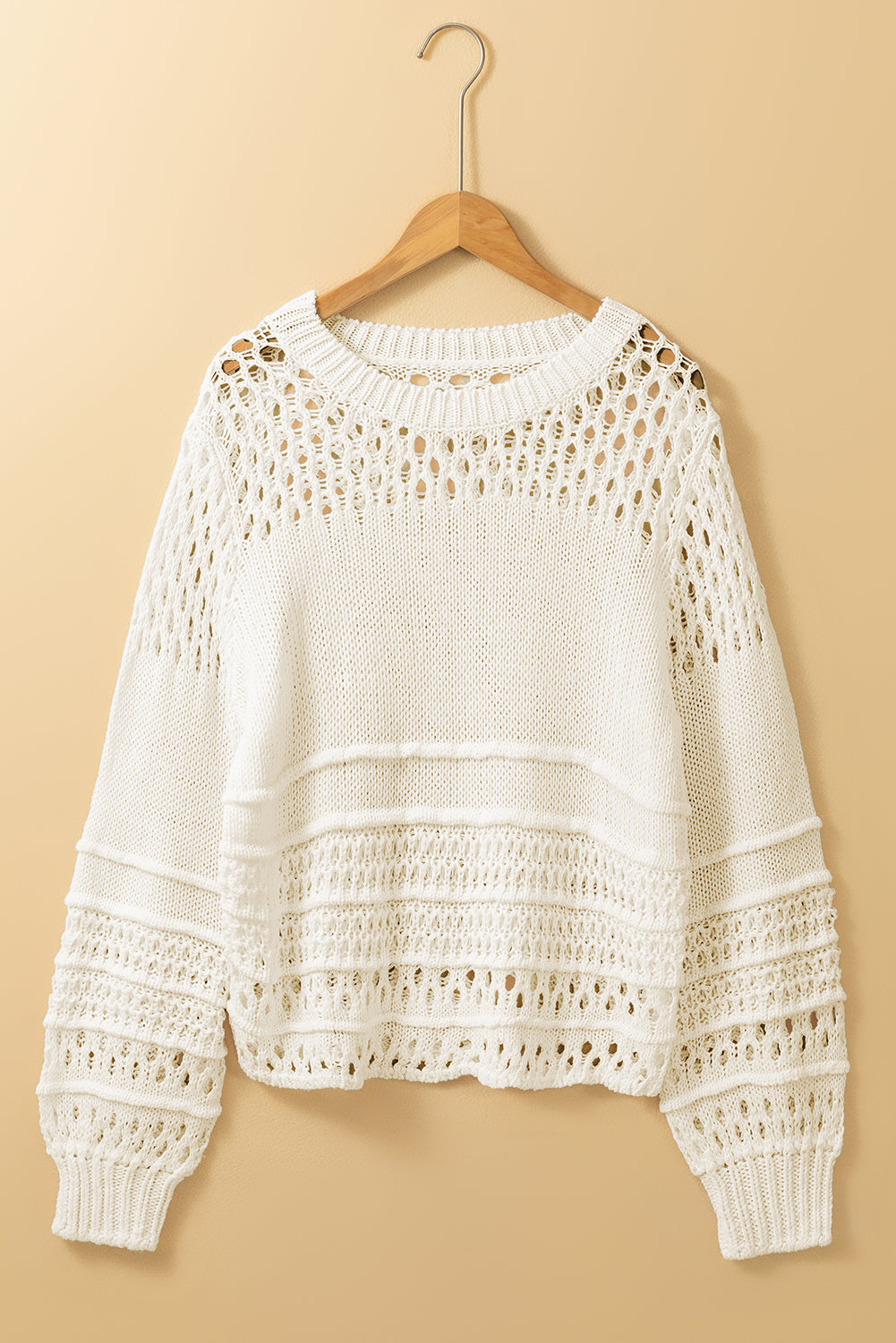 Weißer, einfarbiger Pointelle-Strickpullover mit Puffärmeln