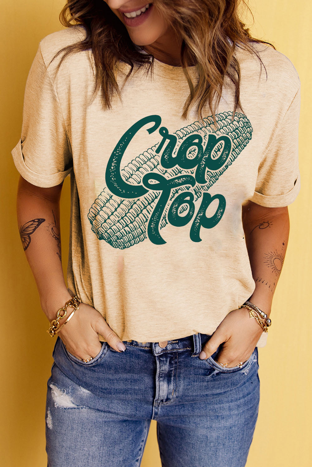 Khakifarbenes Crop-Top mit Mais-Grafik