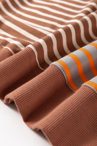 Braun gestreiftes, lässiges, gestreiftes Colorblock-Sweatshirt mit überschnittener Schulter