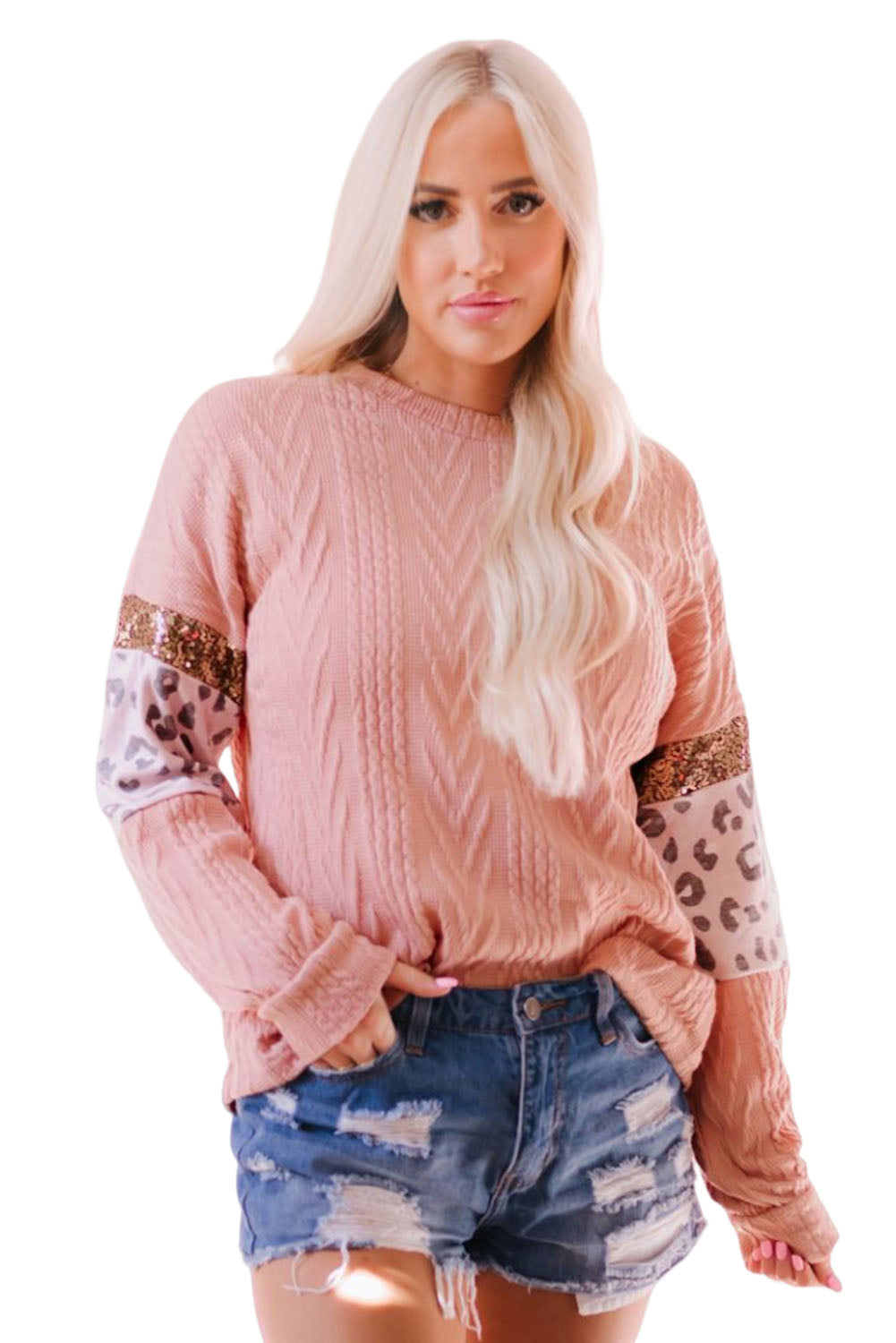Rosa Strickoberteil mit Leopardenmuster und Pailletten