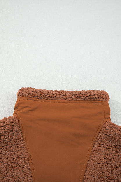 Cinnamon Faux Fur Snap Button Front Knot Side Plush Vest with Pockets