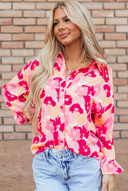 Rosafarbenes Hemd mit Puffärmeln und Blumenmuster
