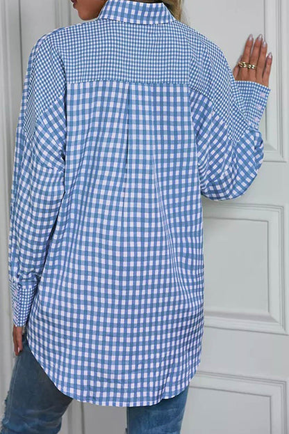 Himmelblaues, gestreiftes, kariertes Patchwork-Langarmhemd mit Knopfleiste