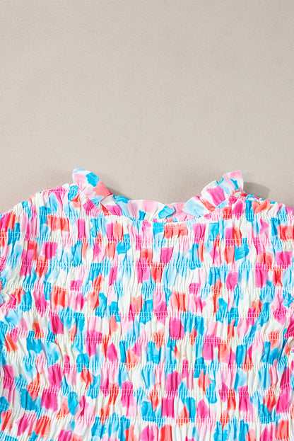 Himmelblaue Bluse mit geraffter Passe und abstraktem Print