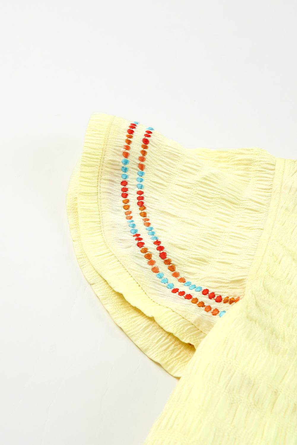 Yellow Geometric Embroidery Textured Top with Ruffles
