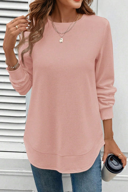 Gossamer Pink Rounded Hem Waffle Long Sleeve Top