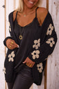Schwarzer, lockerer Strickcardigan mit Blumenmuster und offener Vorderseite