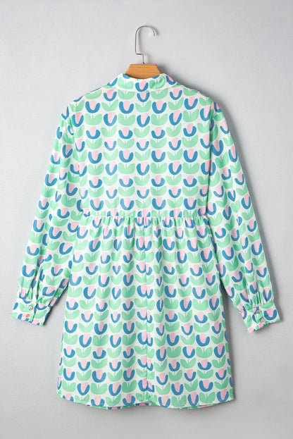 Green Floral Print Notched Neck Scalloped Detail Long Sleeve Mini Dress