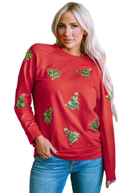 Feurig-rotes Pailletten-Sweatshirt mit Weihnachtsbaum und Raglanärmeln
