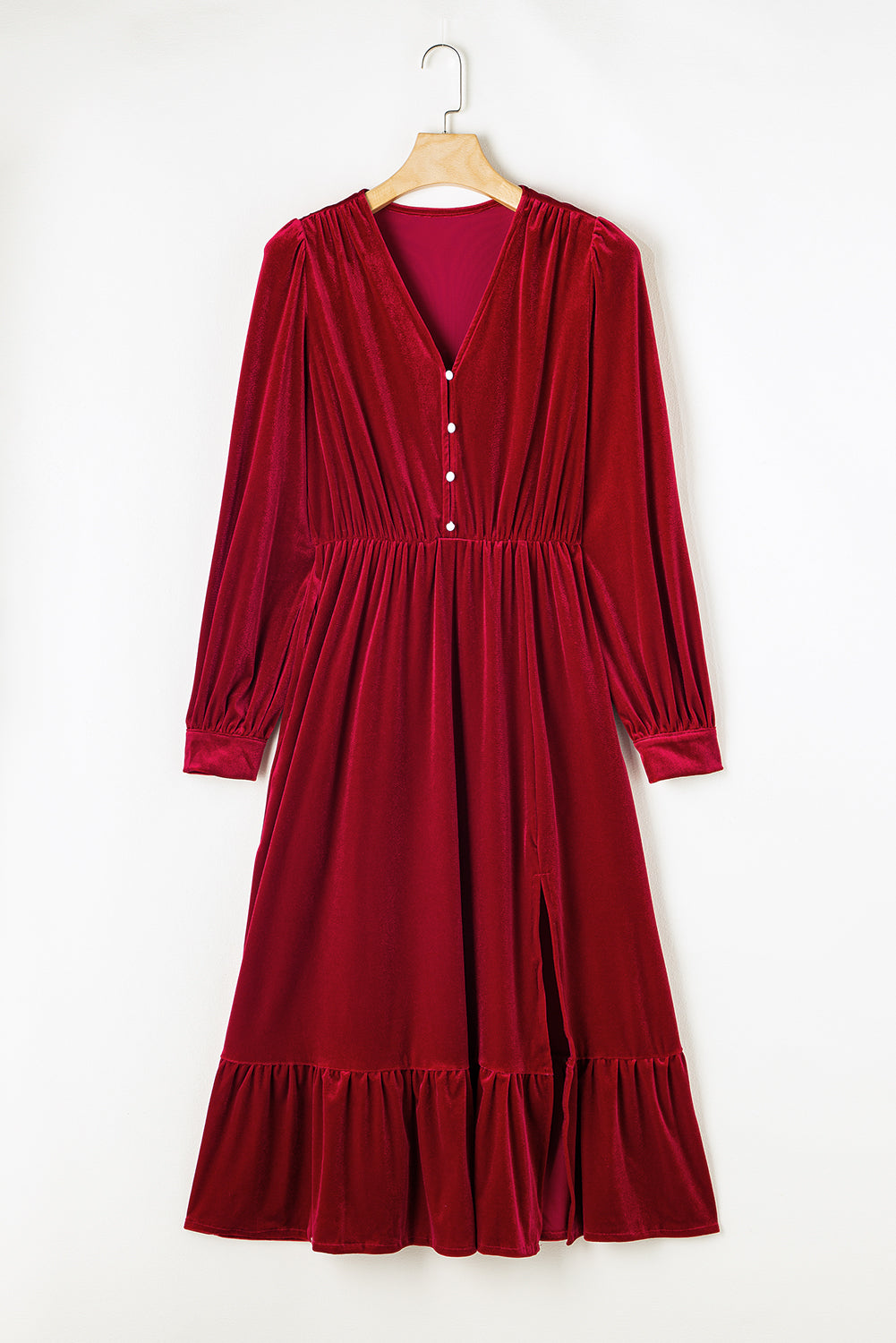 Racing Red – Midikleid aus Samt mit Knöpfen, Puffärmeln, V-Ausschnitt und Schlitz