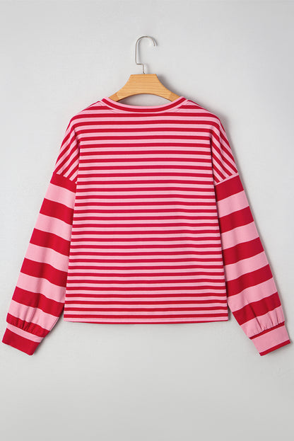 Strawberry Pink Mix Striped Drop Shoulder Patchwork Sleeve V Neck Pullover