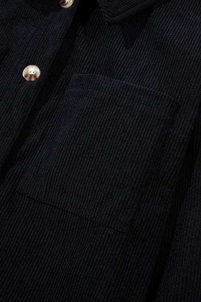 Schwarze Cordjacke mit Kapuze, Kordelzug und Taschen
