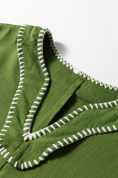 Jungle Green Contrast Stitched V Neck 3/4 Sleeve Tiered Mini Dress