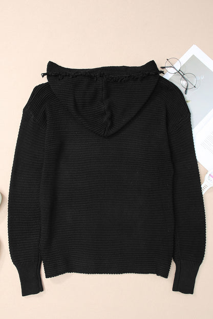 Schwarzer gerippter Kapuzenpullover mit V-Ausschnitt und überschnittenen Schultern