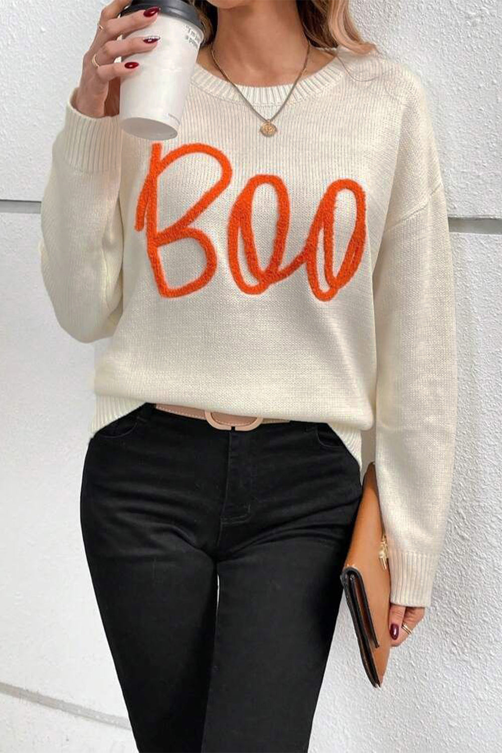 Apricot Boo – Pullover mit Strickmuster, geripptem Rand und überschnittener Schulter