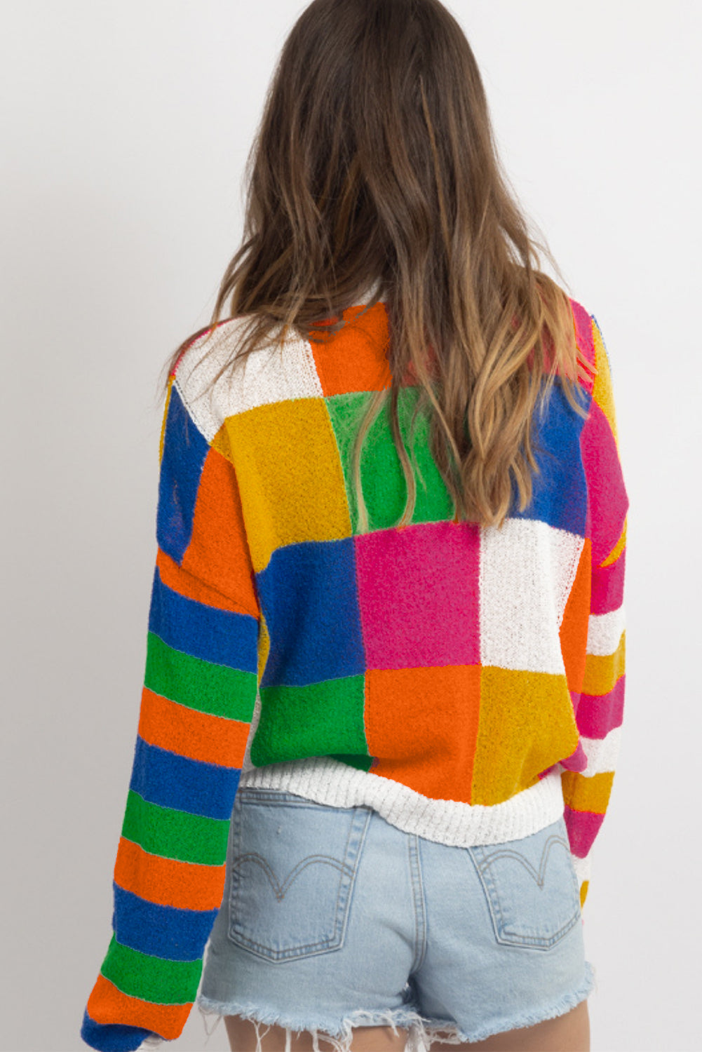 Orange karierter Farbblock-Pullover mit Rundhalsausschnitt und lockerem Schnitt