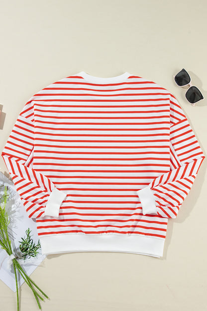 Orange gestreiftes, lockeres Sweatshirt mit überschnittener Schulter und Rundhalsausschnitt