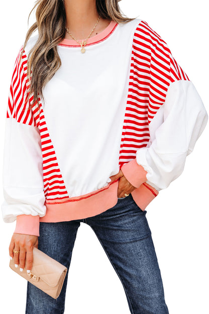 Red Stripe Colorblock Patchwork Contrast Stitching Oversize Sweatshirt