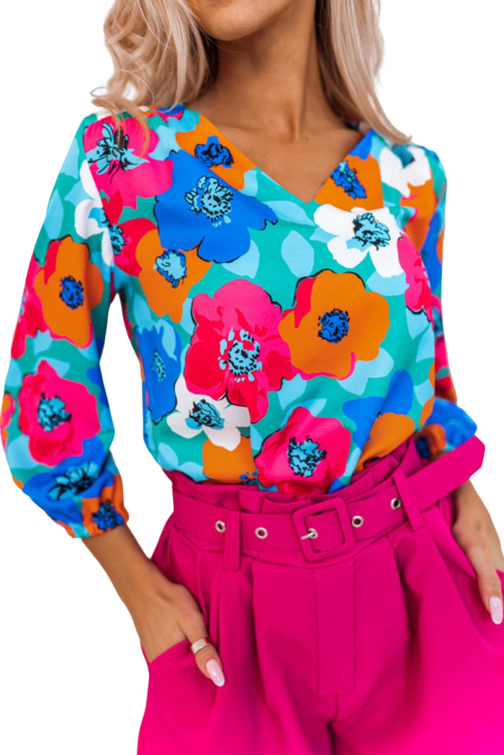 Mehrfarbige Bluse mit Blumenmuster und V-Ausschnitt und 3/4-Ärmeln