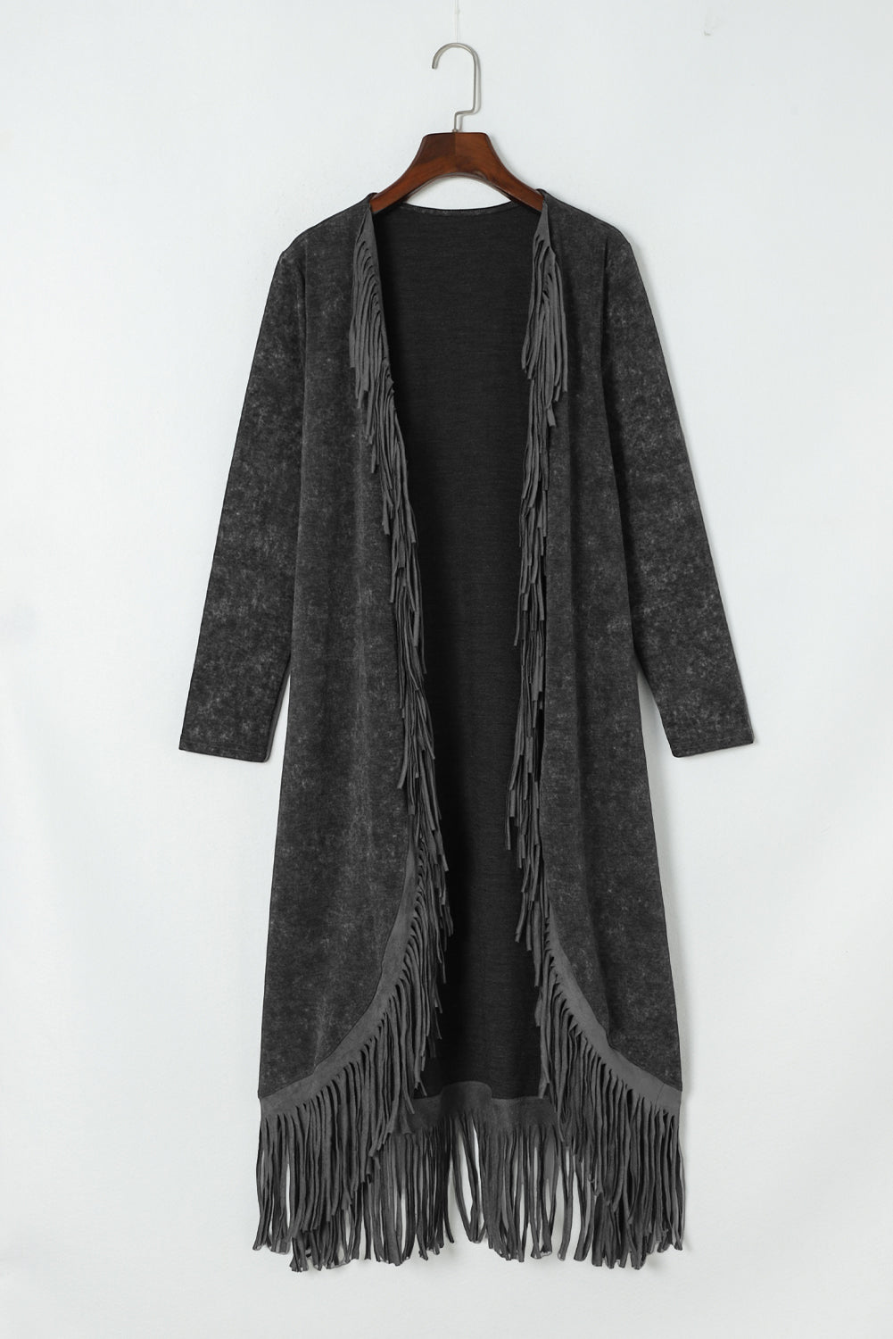 Schwarzer offener Cardigan mit Fransensaum und Taschen