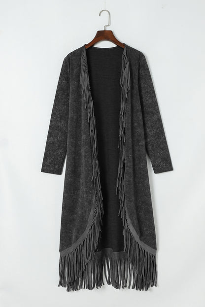 Schwarzer offener Cardigan mit Fransensaum und Taschen