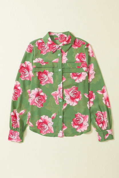 Grünes Hemd mit Puffärmeln und Blumenmuster