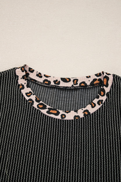 Carbon Grey Twisted Rib Texture Leopard Patchwork Detail 2pcs Pant Set