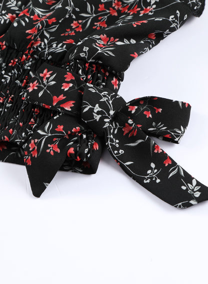 Schwarzes, mehrfarbiges Set mit gerüschtem Crop-Top und Maxirock mit Blumenmuster