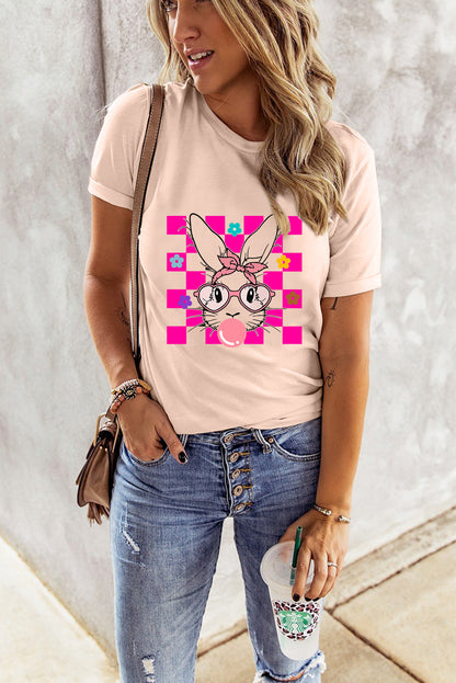 Rosa T-Shirt mit Rundhalsausschnitt und kariertem Osterhasen-Blumendruck