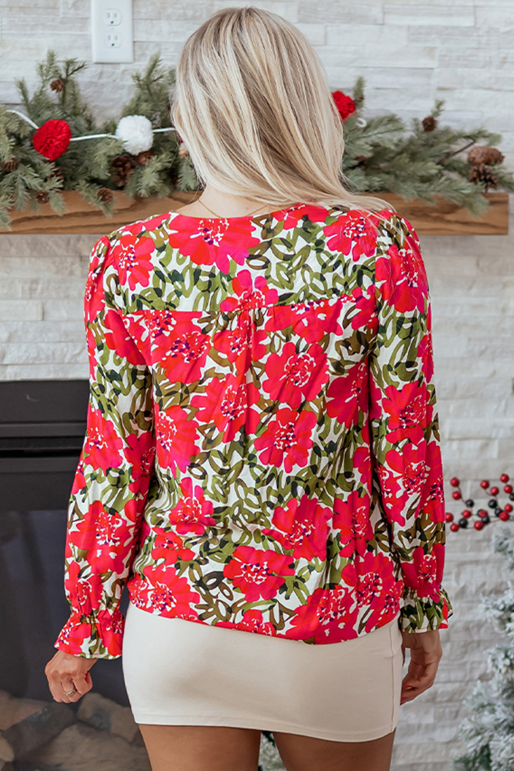 Red Floral Print Lace up V Neck Flounce Sleeve Blouse