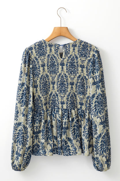 Himmelblaue Boho-Bluse mit Ballonärmeln und gesmoktem Schößchen