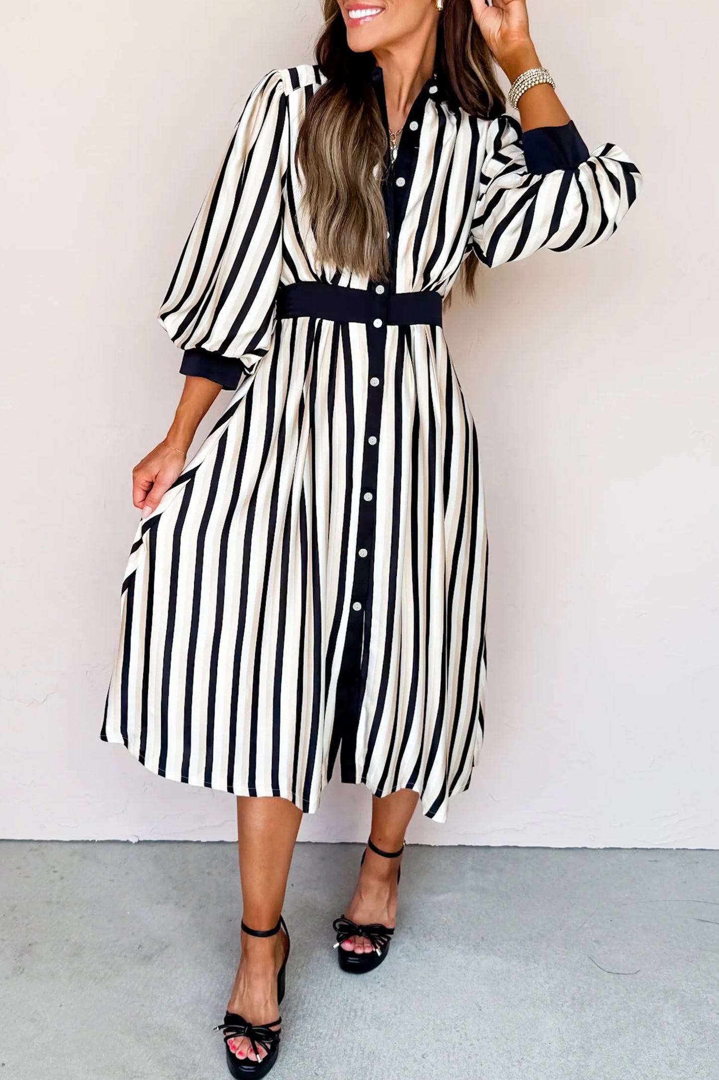 Black Stripe 3/4 Puff Sleeve Shirt Style Button Down Midi Dress