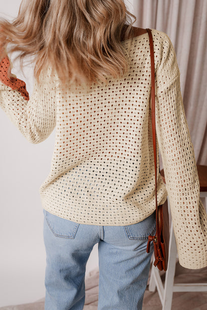 Aprikosenfarbener Pointelle-Strick-Baggy-Pullover mit Farbblockdesign