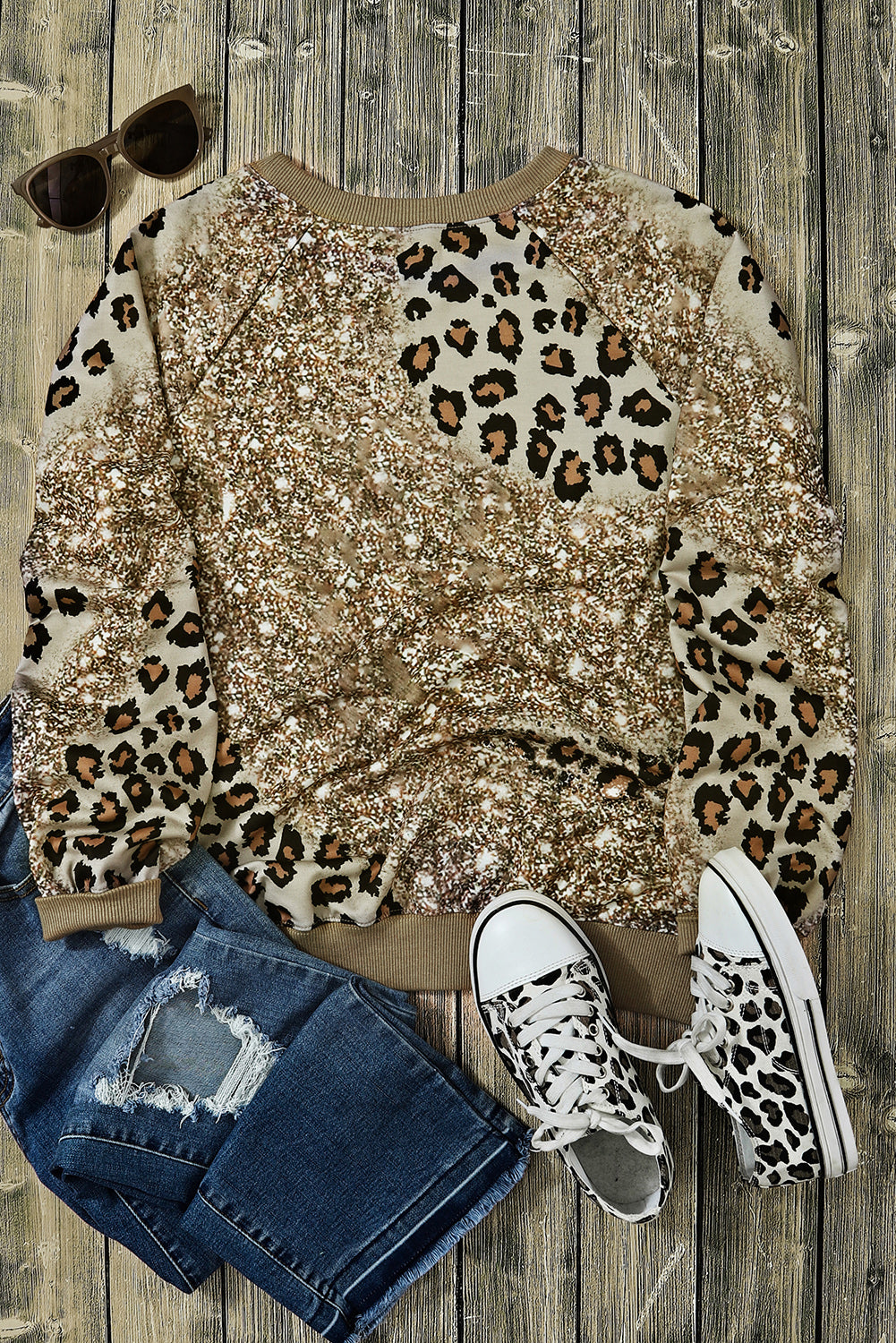 Gebleichtes Langarm-Top mit Leopardenmuster