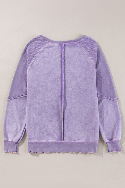 Orchid Petal Solid Waffelstrick Patchwork Raglanärmel Sweatshirt