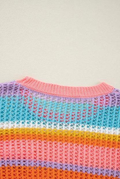 Rosa gestreifter Colorblock-Pullover mit 3/4-Ärmeln und ausgehöhltem Häkelmuster