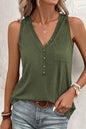 Jungle Green Half Button V Neck Patched Pocket Tank Top