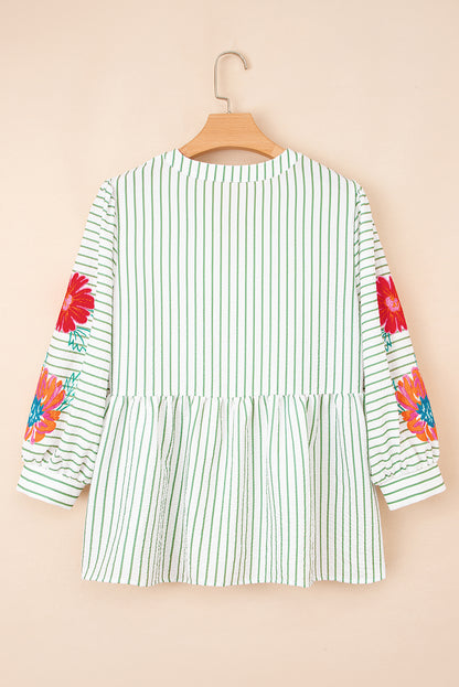 Green Stripe Flower Puff Sleeve Notched V Neck Babydoll Blouse